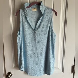 SSYS The Label Light Blue Eyelet Blouse Sleeveless Ruffle Collar Women XXL NWOT